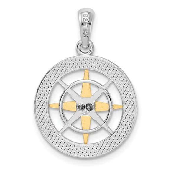 925 Sterling Silver Polished Small Compass with 14k Gold Needle Necklace Pendant - Picture 4 of 4